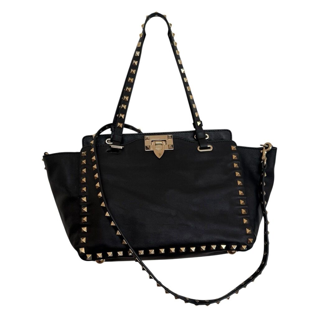 Valentino Garavani Vitello Rockstud Tote Bag Black Leather Removable Strap